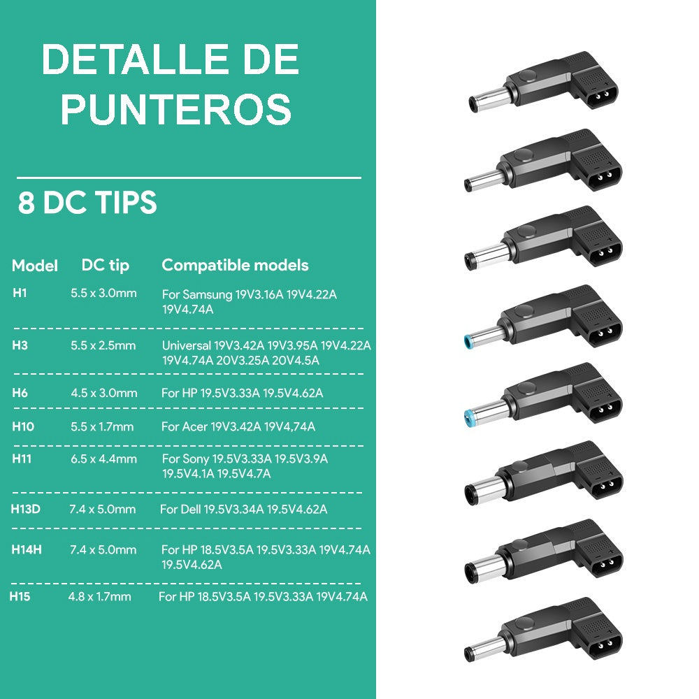 Cargador Universal para Laptop 90W con 8 Punteros Intercambiables