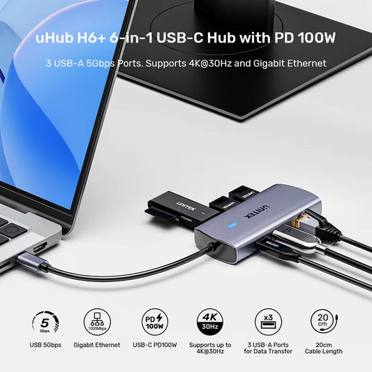 HUB USB-C 6 en 1 Unitek con HDMI 4K, PD 100W y Ethernet Gigabit