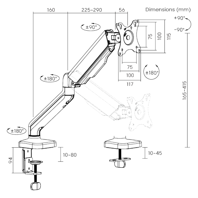 Soporte de escritorio Brateck con resorte mecanico 17"-32"