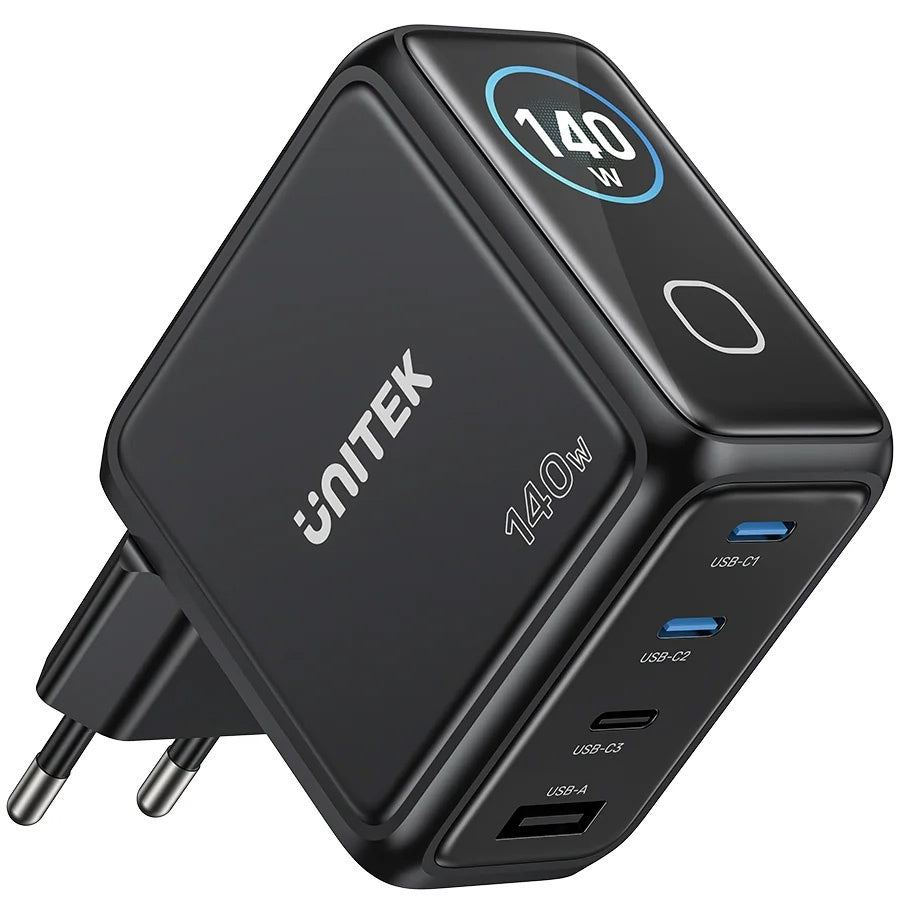 Cargador Unitek Rexo 140W 4 Puertos GaN con Pantalla Inteligente