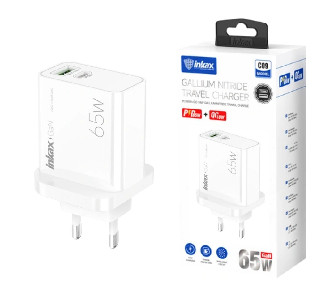 Cargador Inkax USB-A+C GaN 65W