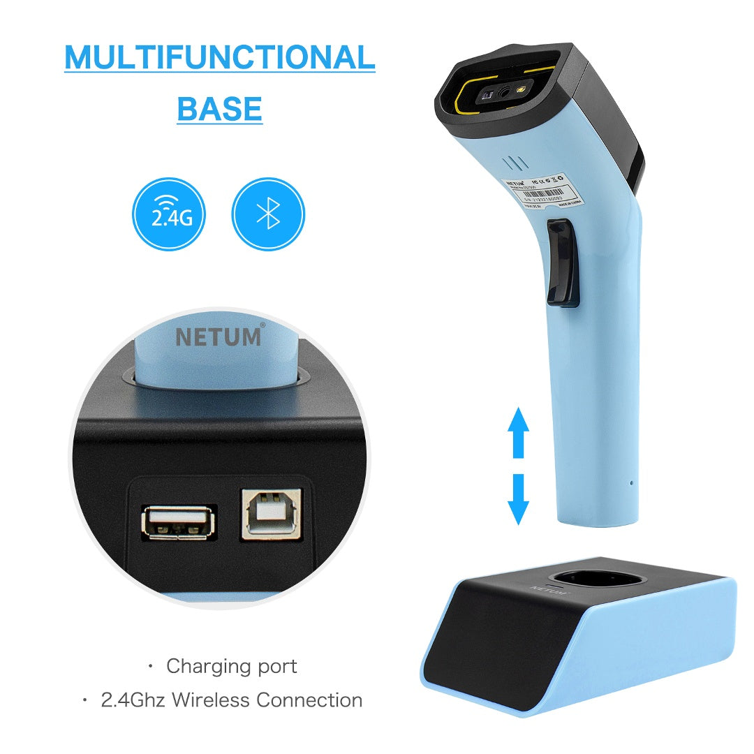 Lector de código de barras Netum 2D inalámbrico con base
